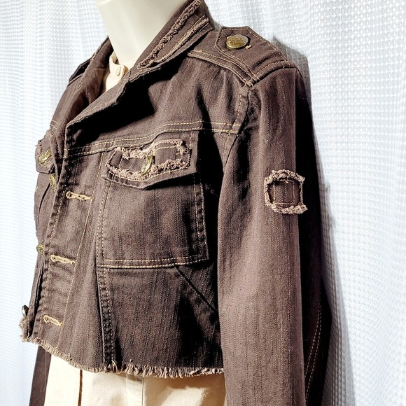 Banana Dark Brown Denim Crop Raw Edge Military Jacket Women's (S**) Made in USA - Picture 4 of 14